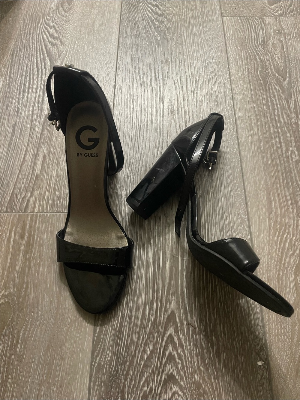 G by Guess Black Patent Block Heel Ankle Strap Sandals